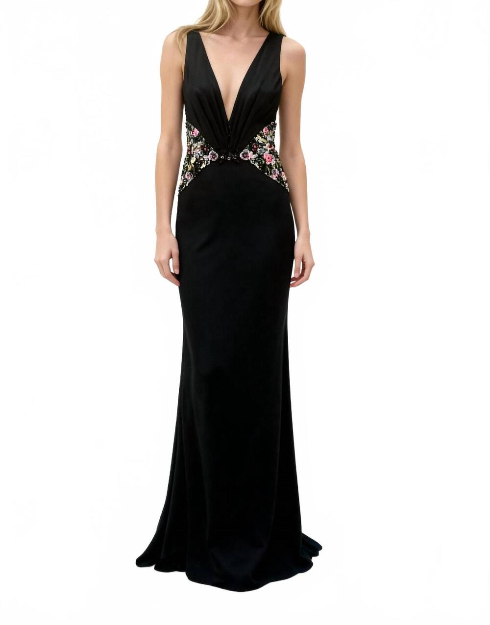 NEW STEPHEN YEARICK v-neck column gown with floral embroidery in black